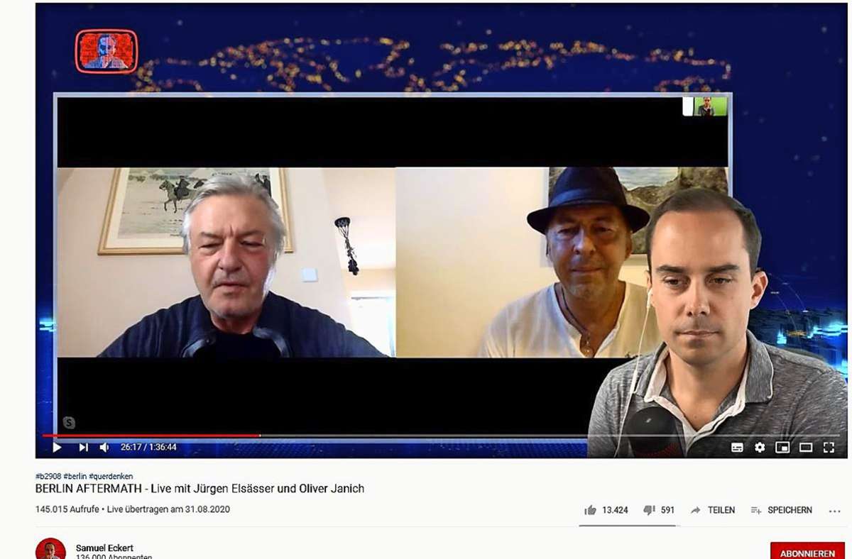 Video-Chat auf Youtube: Samuel Eckert von der Querdenker-Bewegung (re.) mit Jürgen Elsässer (li.) und Oliver Janich. Foto: screenshot/Youtube