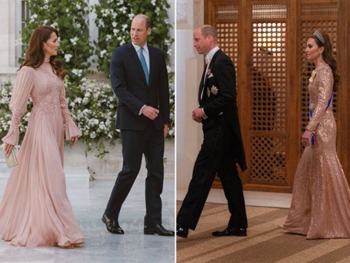 Zwei Wow-Auftritte legte das britische Thronfolgerpaar in Jordanien hin: Zur Hochzeitszeremonie trug Prinzessin Kate ein hochgeschlossenes Kleid, zum Staatsbankett erschien sie in einem Paillettenkleid mit Tiara. Foto: imago/PPE / imago/PPE