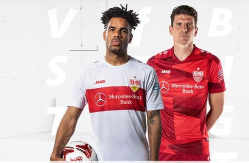Daniel Didavi trägt das neue Heimtrikot (links), Mario Gomez das Trikot für die Auswärtsspiele. Foto: Twitter/VfB Stuttgart