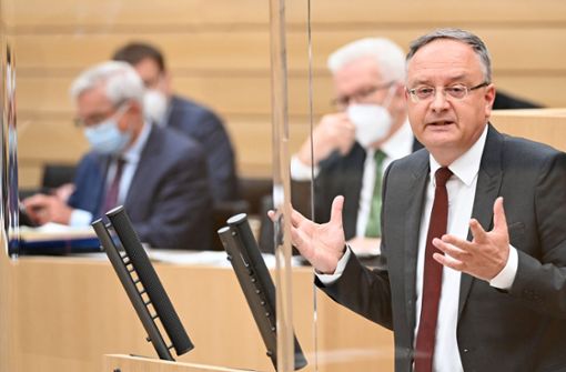 Der SPD-Landesvorsitzende Andreas Stoch im Landtag: im Hintergrund verfolgen Winfried Kretschmann (Grüne) und Thomas Strobl (CDU) seine Rede. Foto: dpa/Bernd Weissbrod