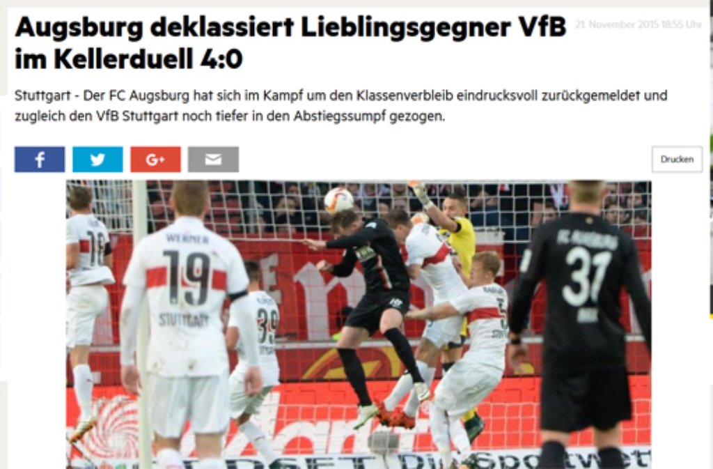 Der Stern schreibt: Augsburg deklassiert Lieblingsgegner VfB im Kellerduell 4:0.