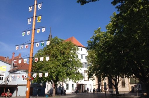 Der Handwerkerbaum steht bereits seit vergangenem Jahr auf dem Marktplatz in Bad Cannstatt. Foto: Julia Barnerßoi