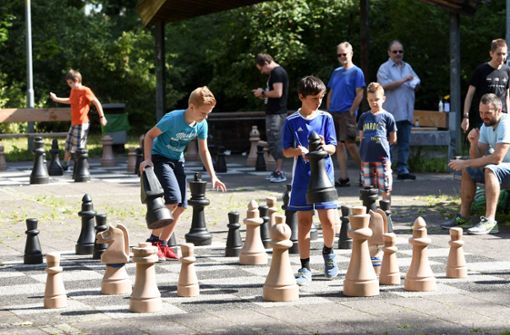 Kleine Spieler schieben große Figuren über das Schachbrett. Foto: Horst Dömötör