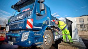 Strom statt Diesel:    Der  Abrollkipper ist einer von zwei neuen E-Lastwagen in der Flotte  des Entsorgungsunternehmens Alba am Standort Waiblingen. Foto: / Gottfried Stoppel