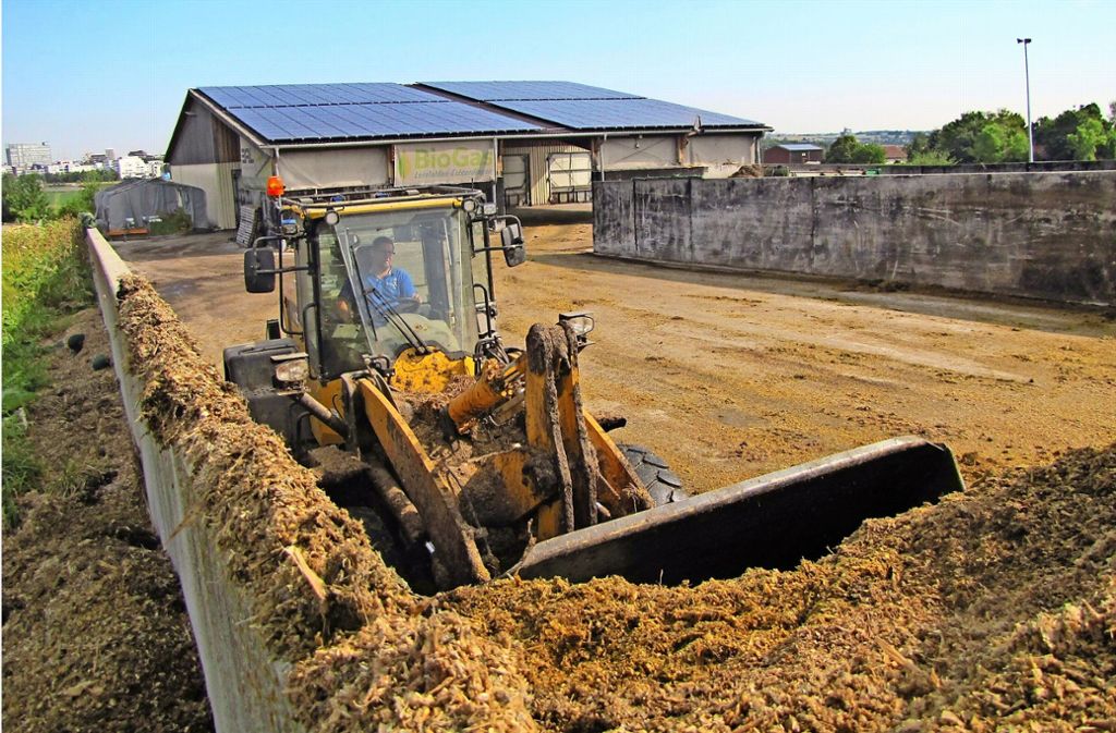 Aus 65 Schaufelladungen  werden an diesem Tag 120 Tonnen Biomasse für den Fermenter gemischt. Foto: Felizitas Eglof