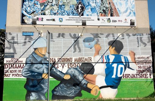 Das Wandbild in Belgrad zeigt eine Schlüsselszene aus dem Fußballspiel vom 13. Mai 1990 im Maksimir-Stadion. Foto: Ronny Blaschke