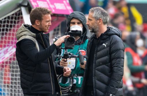 Leipzig gegen Bayern ist auch das Duell der Trainer Marco Rose (re.) gegen Julian Nagelsmann. Foto: dpa/Sven Hoppe