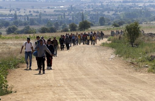 Flüchtlinge laufen von der mazedonischen Grenze nach Serbien. Foto: AP