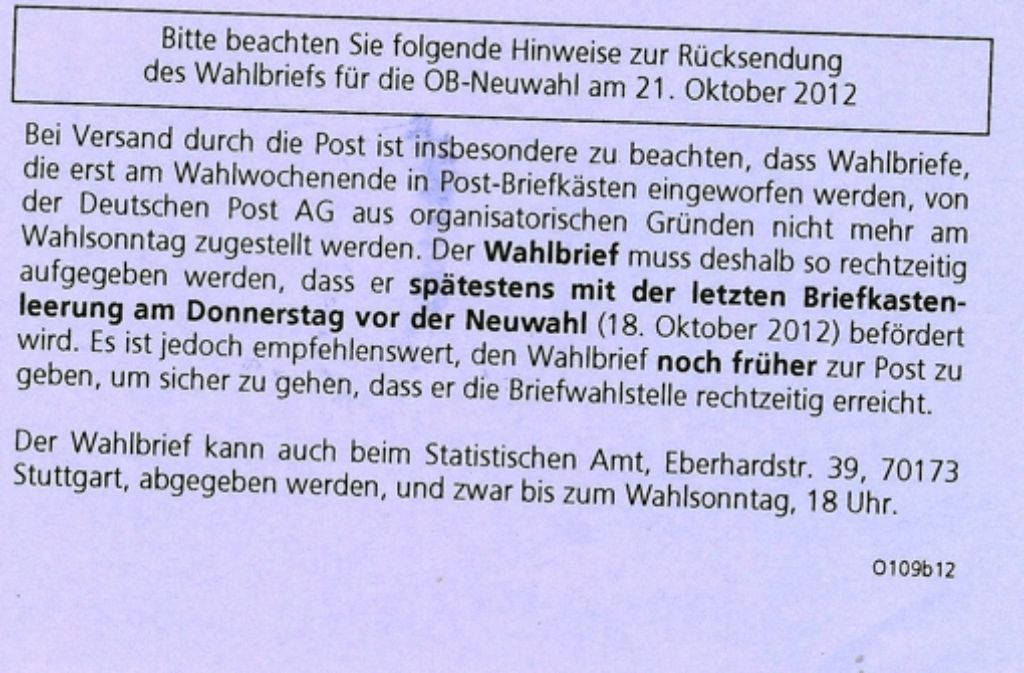 Heute sollten Briefwähler den Stimmzettel an die Stadt zurückschicken – wer noch keinen erhalten hat, bekommt bei der Hotline-Nummer 216 - 77 33 einen Tipp, was er tun kann. Foto: Stadt Stuttgart