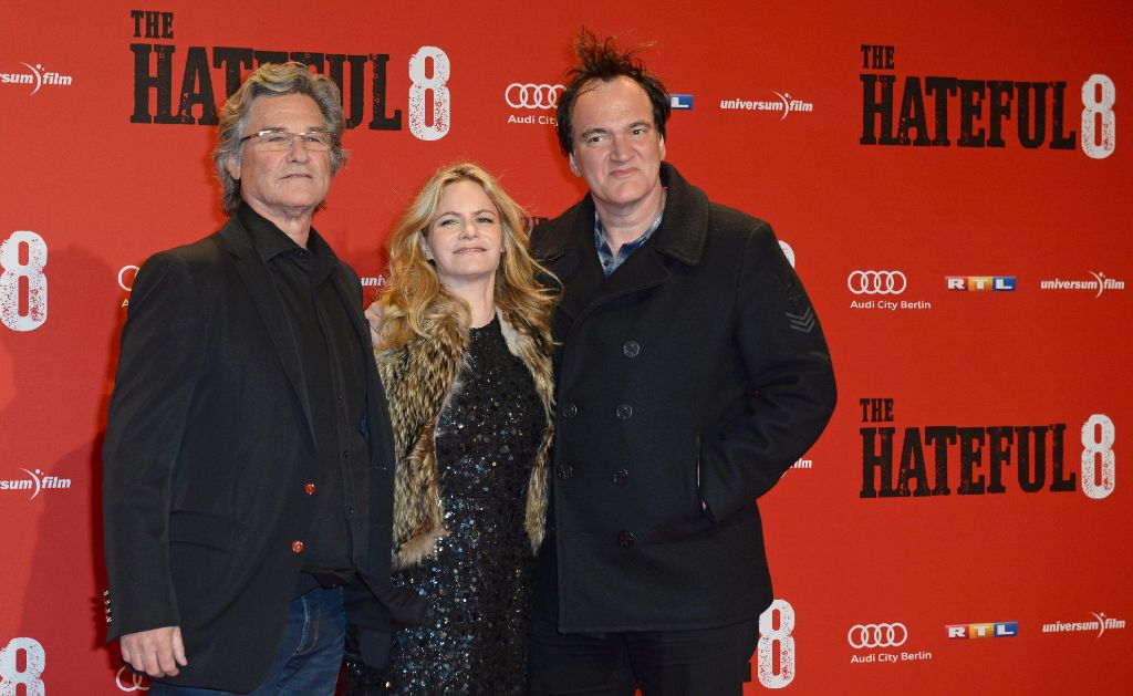 Zwei der Schauspieler und der Regisseur  des neuen Films „The Hateful 8“ bei der Deutschlandpremiere. Kurt Russell, Jennifer Jason Leigh und Quentin Tarantino (von links).