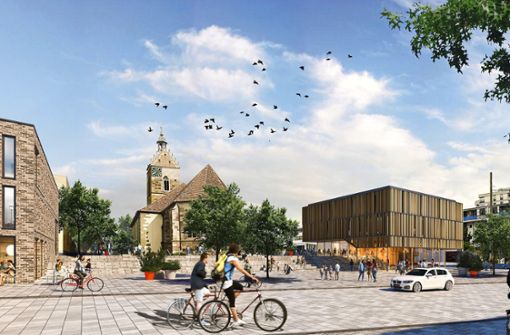 Einer der Vorschläge für  die Neue Mitte in Fellbach rund um die Lutherkirche (Bildmitte)   – hier von der Cannstatter Straße aus gesehen Foto: Steinhoff/Haehnel Architekten