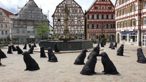 Schwarze, lebensgroße Vierbeiner auf dem historischen Marktplatz. Foto: LKZ/ulo