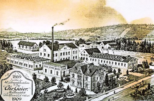 Zum 40-jährigen Firmenjubiläum im Jahr 1909   ließ die Maschinenfabrik Gaier seinerzeit diese Ansicht ihrer von Manz entworfenen Gebäude erstellen. Foto: Horst Rudel
