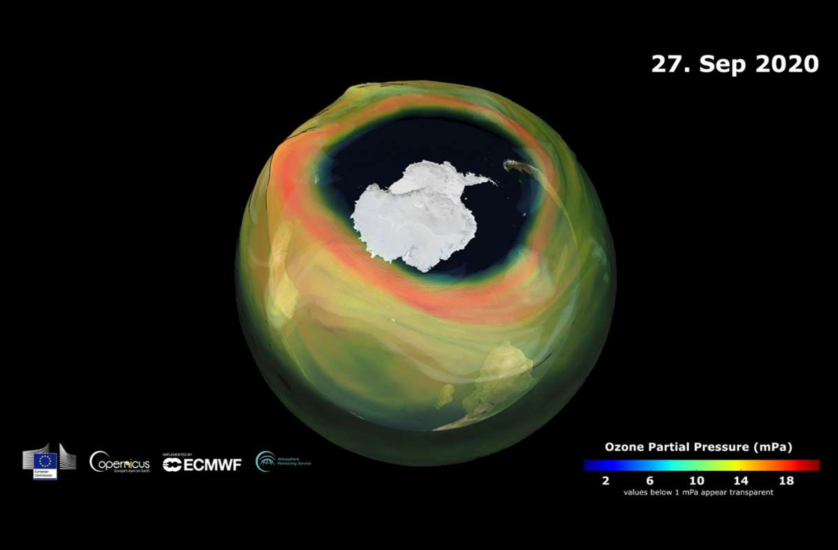 Grafische Darstellung eines Ozonlochs über der Antarktis zeigt dieses in seiner Ausdehnung am 27. September  (Bild aus einem Video). Eines der größten und tiefsten Ozonlöcher der vergangenen 15 Jahre hält sich über der Antarktis. Foto: Copernicus Atmosphere Monitoring Service, ECMWF/dpa