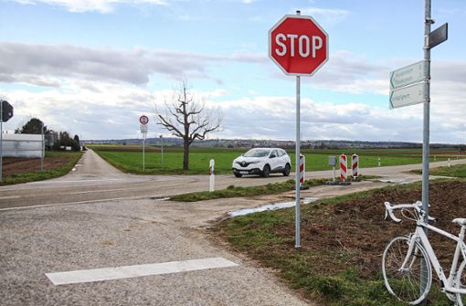 Auf die Gefahr durch die kreuzende Kreisstraße wird nun gleich doppelt hingewiesen – mit Stoppschild und aufgemaltem Balken. Foto: Ralf Poller/Avanti