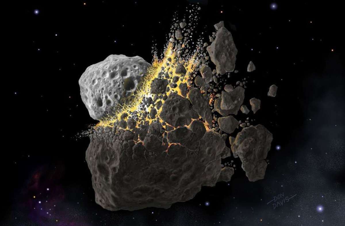 Illustration einer Kollision zweier Asteroiden im Weltraum. Foto: Don Davis/Eurekalert/dpa
