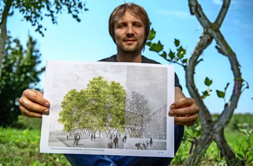Ferdinand Ludwig zeigt einen Entwurf. Rechts kann man  zwei Bäume sehen, die sich miteinander verbunden haben. Foto: dpa/Peter Kneffel