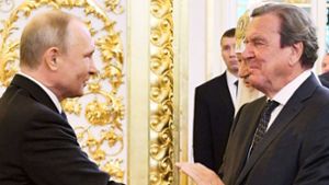 Altkanzler Gerhard Schröder (rechts) pflegt enge Verbindungen zu Wladimir Putin – dafür gibt es Lob von der AfD. Foto: dpa/Alexei Druzhinin
