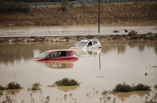 Zwei Autos stehen neben der A-42 in Bargas, Toledo, im Wasser. (Archivfoto) Foto: dpa/Mateo Lanzuela