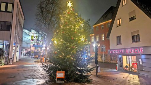 Der Weihnachtsbaum auf dem Vaihinger Markt steht wieder. Der Sturz hat aber Spuren hinterlassen. Foto: Alexandra Kratz