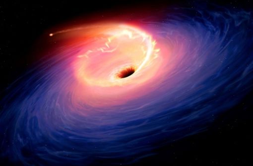Diese künstlerische Darstellung zeigt einen Stern, der von einem Schwarzen Loch verschlungen wird. Foto: Sheffield University/AFP/Mark A. Garlick