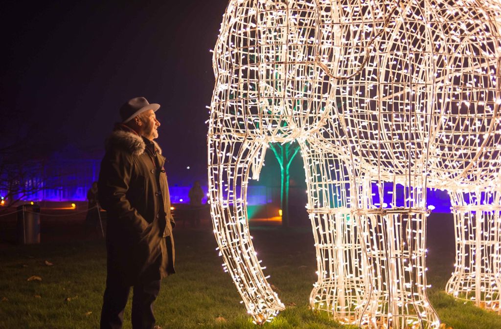 Paul Carrack, ein Dino der Popgeschichte, mit dem Leuchtelefanten des Christmas Garden.
