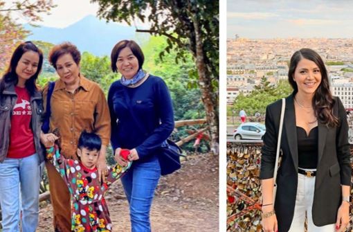 Bosch-Mitarbeiterin Kanchalika  Borriboon (auf dem linken Bild rechts) besuchte in Nordthailand ihre Schwester, Mutter und ihren Neffen. Palwasha Hashimi (Bild rechts) kombinierte bei Mercedes auf einer Paris-Reise Arbeit und Urlaub. Foto: privat