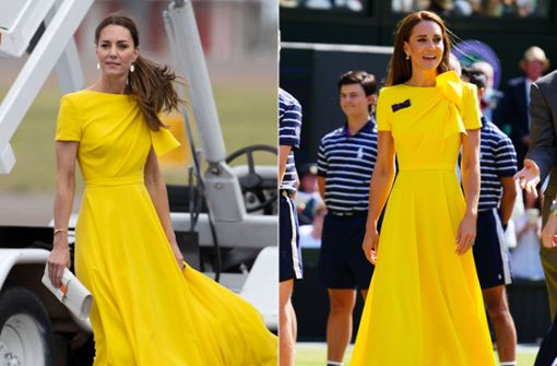 Sommerliches Gelb: Herzogin Kate recycelt für Wimbledon (rechts) ein Kleid von ihrer Jamaika-Reise. Foto: Imago/i-Images
