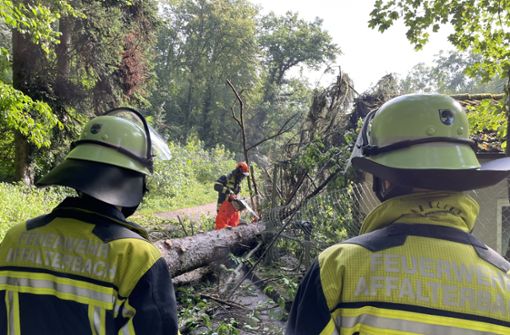 Die Einsatzkräfte mussten Bäume von Straßen und Wegen entfernen, wie hier an der Kläranlage in Wolfsölden. Foto: Feuerwehr Affalterbach