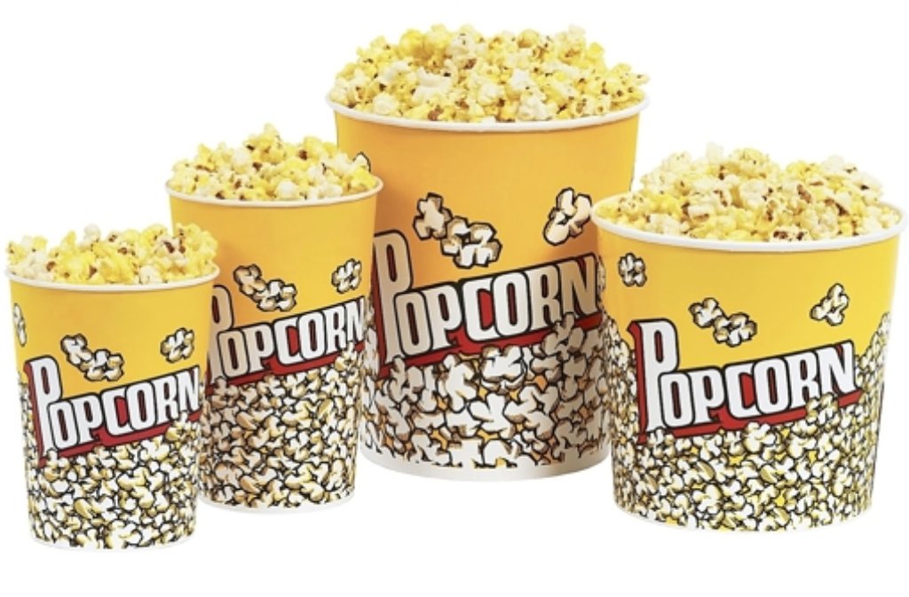 Hätten Sie’s gewusst? Schätzen Sie mit: Wie viel Popcorn ist in den verschiedenen Eimern? Der kleinste (Kinder-Becher) ist gefüllt mit 72 Gramm. Wie viel steckt in dem mittleren, dem großen und dem Jumbo-Becher? Auf Artikelseite 2 erfahren Sie die Lösung.