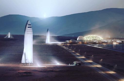 Die von dem Raumfahrtunternehmen SpaceX zur Verfügung gestellte undatierte Computergrafik zeigt ein geplantes Raumschiff und die Mars City auf dem Mars. Das Raumschiff soll mit der ebenfalls geplanten Mega-Rakete namens Big Fucking Rocket (BFR) frühestens 2024 bis zu 120 Menschen auf den Roten Planeten bringen können. Foto: dpa