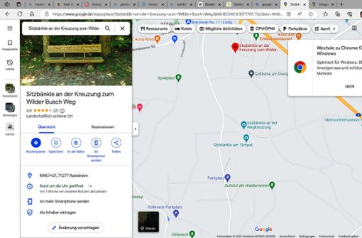 Wer rund um Rutesheim in die Karte zoomt, findet einige solcher Markierungen, die auf Sitzgelegenheiten im Grünen hinweisen. Foto: Screenshot Google Maps
