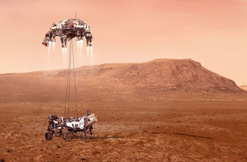 Die Illustration zeigt den Nasa-Rover „Perseverance“ bei der geplanten Landung auf dem Mars. Foto: Nasa/JPL-Caltech/dpa