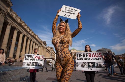 Playmate Ramona Bernhard bei einer Protest-Aktion gegen Wildtierhaltung im Circus Krone. Foto: Lichtgut/Leif Piechowski