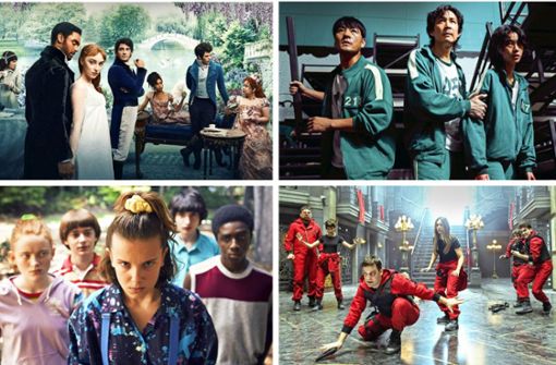 Netflix-Erfolgsserien: „Bridgerton“, „Squid Game“, „Haus des Geldes“, „Stranger Things“ (von links oben im Uhrzeigersinn) Foto: Netflix