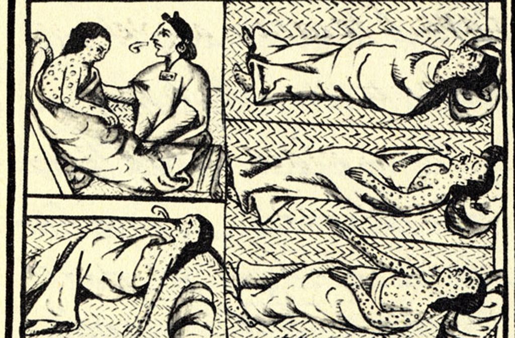 Indianische Opfer der Cocoliztli-Epidemien (Codex Florentine, 1540-1585).