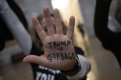 Eine Demonstrantin hat in der amerikanischen Hauptstadt Washington als Zeichen des Protestes auf englisch „Trump ist Müll“ auf ihre Hand geschrieben. Foto: AFP/Alex Edelman