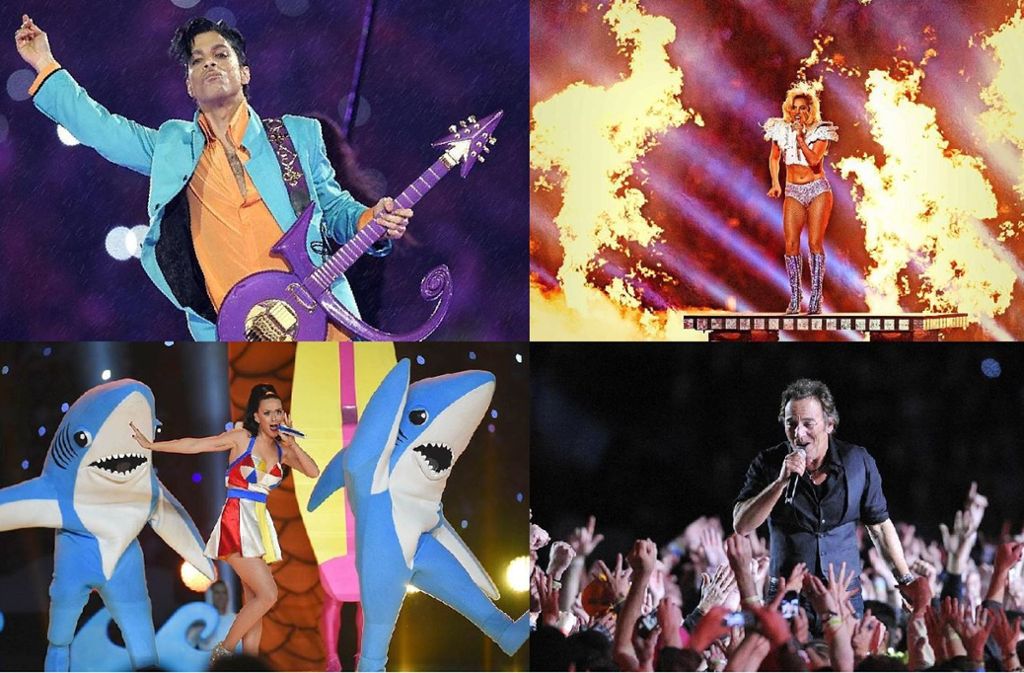 Vier der besten Halbzeitshows in der Geschichte des Super Bowl: Prince, Lady Gaga, Bruce Springsteen und Katy Perry (von links oben im Uhrzeigersinn) Foto: AFP, dpa