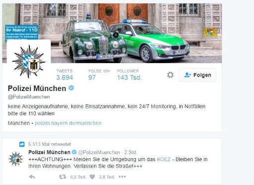 Die Münchener Polizei hält die Bevölkerung unter anderem über Twitter auf dem Laufenden. Foto: Screenshot Twitter/Polizei München