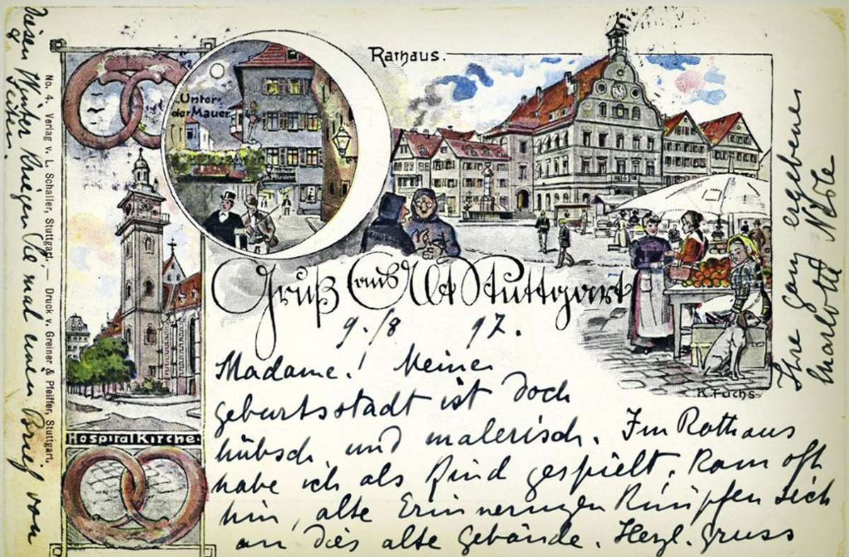 „Madame! Meine Geburtststadt ist doch hübsch und malerisch“, steht auf dieser Karte von  1897.