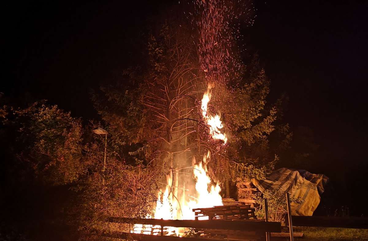Beim Eintreffen der ersten Einsatzkräfte stand ein Baum und ein Holzstapel lichterloh in Flammen.