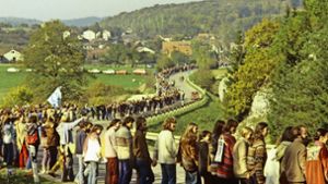 Menschenkette der Friedensbewegung am 22.10.1983 in Neu-Ulm Foto: dpa