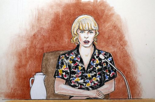 Ein Gerichtszeichner hat Taylor Swift während ihrer Aussage gezeichnet. Foto: AP