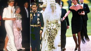 Kleider, die vielen in Erinnerung geblieben sein dürften: Prinzessin Diana im „Elvis-Kleid“, ihrem Brautkleid und dem Cocktailkleid, das als „Revenge Dress“ in die Annalen einging. Foto: Imago/dpa