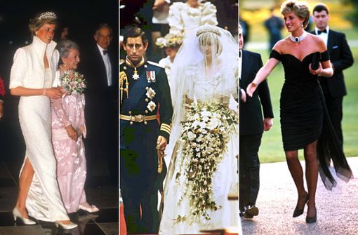 Kleider, die vielen in Erinnerung geblieben sein dürften: Prinzessin Diana im „Elvis-Kleid“, ihrem Brautkleid und dem Cocktailkleid, das als „Revenge Dress“ in die Annalen einging. Foto: Imago/dpa