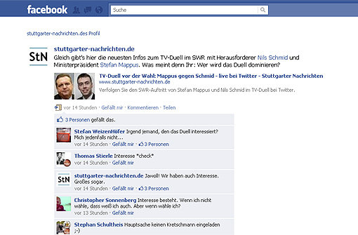 Auf der StN-Facebook-Seite wurde während des TV-Duells fleißig kommentiert. Foto: SIR (Screenshot)