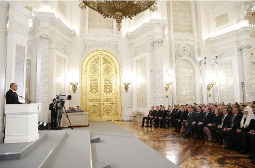 Jedes Jahr ein Spektakel: die Ansprache von Wladimir Putin im Kreml. Foto: dpa