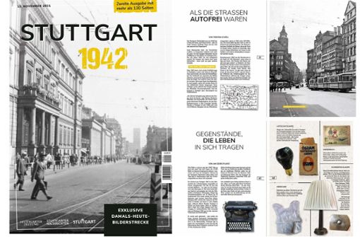 Die Titelseite des „Stuttgart 1942“-Magazins und zwei Kapitelseiten. Weitere Blicke ins Magazin zeigt die folgende Bilderstrecke. Foto: Repro/StZN