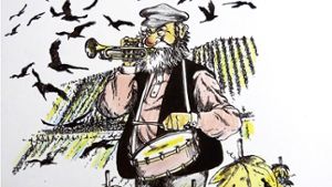 Mit der Jazztrompete in der Hand inmitten seiner geliebten Trollingerreben, so behalten die Heslacher Traugott Armbrüstle in Erinnerung. Foto: Heike Armbruster