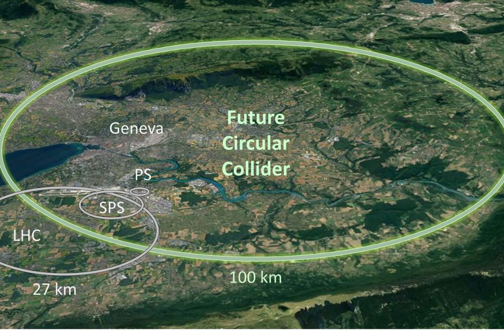 Elipsen, die auf dem Screenshot einer Google-Earth-Karte eingezeichnet wurden, zeigen die Ausmaße des bestehenden Teilchenbeschleunigers LHC, mit einen 27 Kilometer langen Tunnel (links). Der neue Super-Ringtunnel für den geplanten FCC-Teilchenbeschleuniger (grün) wäre 100 Kilometer lang.